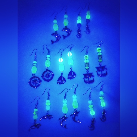 Uranium Glass Beaded Earrings Silver Charms Vintage Beads Blue Yellow Green Purp - Picture 1 of 12